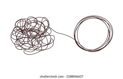 Tangle chaos, psychoterapy concept. Business design in one line, order theory. Doodle graphic spiral solution. Vector object isolated on white background.