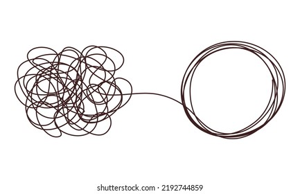 Tangle chaos, psychoterapy concept. Business design in one line, order theory. Doodle graphic spiral solution. Vector object isolated on white background.