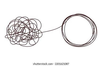 Tangle chaos, psychoterapy concept. Business design in one line, order theory. Doodle graphic spiral solution. Vector object isolated on white background.