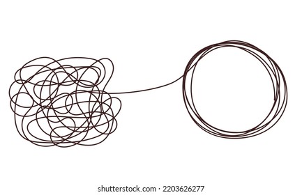 Tangle chaos, psychoterapy concept. Business design in one line, order theory. Doodle graphic spiral solution. Vector object isolated on white background.