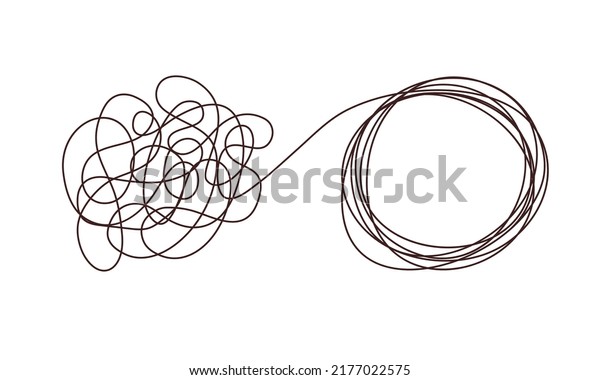 Tangle chaos, psychoterapy concept.\
Business design in one line, order theory. Doodle graphic spiral\
solution. Vector object isolated on white\
background.