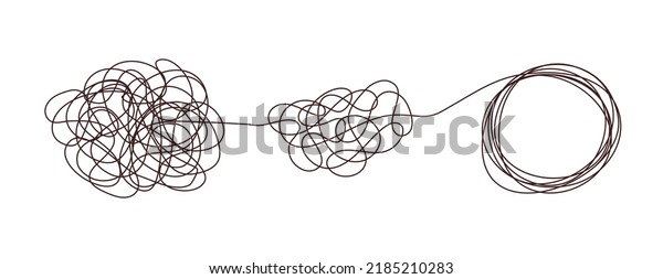 Tangle chaos, psychoterapy concept.
Business design in one line, order theory. Doodle graphic spiral
solution. Vector object isolated on white
background.