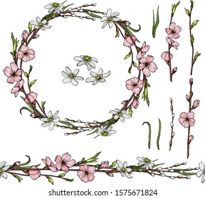 Tangle of cherry blossom, sakura, flowered willow, seamless brush, vector doodle