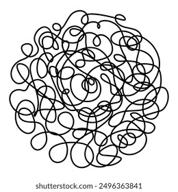 Tangle of curls. Sloppy doodle. Sketch. Vector illustration. Hand drawn curls folded into a ball shape. Twirl of thoughts in the head. Tangled lines in black pen. Outline on isolated background. 