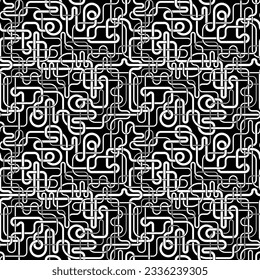 A tangle of different thickness lines on a black background. Doodle of intersecting white pipes. Seamless repeating pattern. Vector illustration for textile, wrapping, packaging, print, and web.