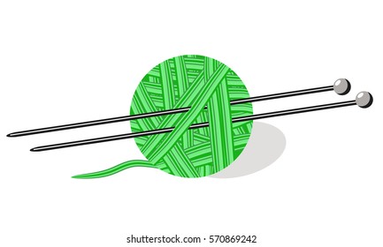 Tangle of green yarn with knitting needles. Vector