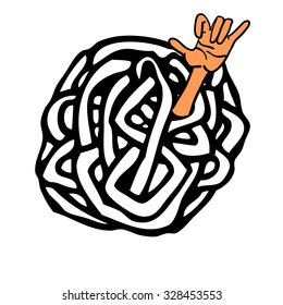 Tangle. Humor, confused. Labyrinth. Sketch. Arm.
