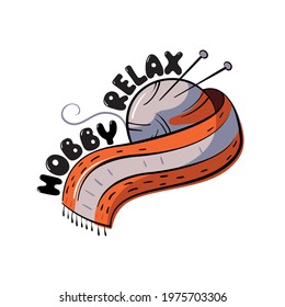 A tangle and a knitted scarf. A hobby in the style of hygge. Cartoon style. Template for the sticker. Vector illustration, isolated.