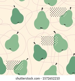 Tangle lines and pear seamless pattern with black dot grid. Modern abstract repeat design with fresh green fruit vector images. Vegetarian food poster background.