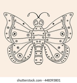 Tangle Patterns stylized Butterfly. Hand Drawn vector illustration Black, beige color. Sketch for tattoo or makhenda. Insect collection.