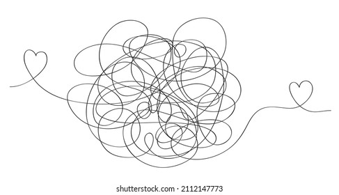 Tangle of problems and Hearts. Continuous line art drawing. Friendship overcoming difficulties and love concept. Vector illustration