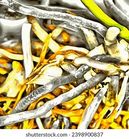 A tangle of roots in gray brown and yellow colors
