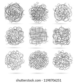 Tangle scribbles. Vector lines scribble set isolated on white background, chaotic scribbles patterns, vector clutter wire mess knots