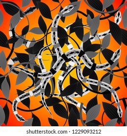 Tangle Snakes and leaves Pattern Seamless on a orange sunligth background. Vector Illustration 