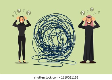 Tangle tangled. abstract metaphor, business problem solving concept. arab, Muslim, Vector illustration.