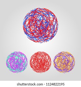 Tangle, tangled circle, set of hand drawn doodle circles made of thin threads. Vector illustration