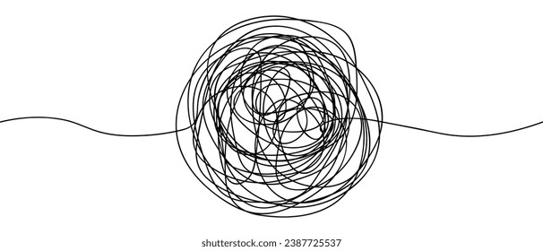 A tangle of tangled scribbles. Sketch. A round object made of twisted threads. Vector illustration. Sphere with wavy lines around the edges. Hand drawn style. Outline on isolated background. 