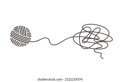 Tangle with  tangled thread. Disordered lines. Concept from chaos of thoughts to simplicity and clarity. Vector illustration of idea of  curve,  thought process and multitude of solutions