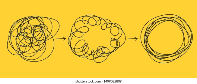 Tangle tangled and untangled. Abstract metaphor, concept of solving problems in business