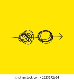 Tangle tangled and untangled with arrow. Abstract metaphor, concept of solving problems in business, psychoterapy icon. Vector illustration