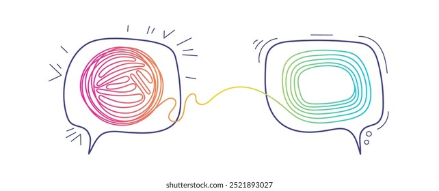 Tangle of thoughts. Coach. Psychologist consulting or mental problem solving brainstorm. Stress, easy solution. Two speech bubbles conversation icons with line scribbles. Simplify complex process