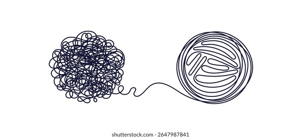 Tangle of thoughts. Human brain. Stress, easy solution. Graphic chaos and order. Simplify complex process. One vector line scribbles. Editable stroke