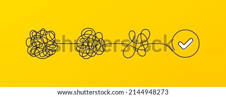 Tangle of thoughts, psychological stress and easy problem solving. Psychology solution concept. Confused purpose, trouble solution and think easy. Psychology path, stress reduction. Vector