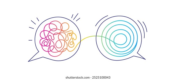 Emaranhado de pensamentos Dois balões de fala ícones de conversa com rabiscos de linha. Treinador. Consultoria psicóloga ou resolução de problemas mentais. Estresse, solução fácil. Simplificar processos complexos
