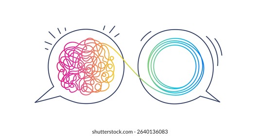 Tangle of thoughts. Two speech bubbles conversation icon. Chaos and order. Brain diagnostics. Unraveling tangle. Problem resolve control. Complicated way. Process of chaos and mess. Editable stroke