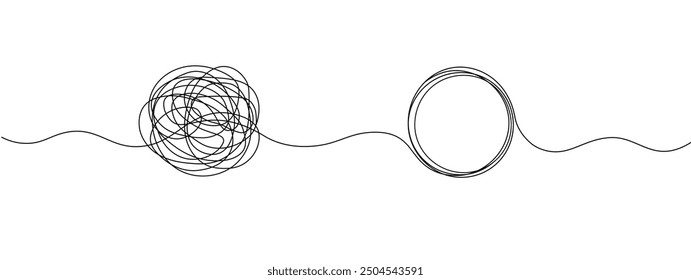 Tangle and unraveling thread of thoughts drawn in one continuous line. Concept of psychotherapy, mental health, problem solving. Vector editable line illustration.