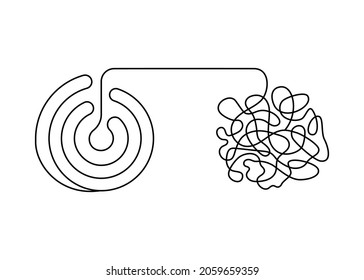 Tangle and untangle, change logic mind with scheme and confused creative thinking brain, continuous line. Disorder, chaos and order, mental balance. Psychology concept. Problems solution. Vector