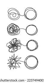 Tangle and untangle set of circles. Psychotherapy logo. Tangled hand drawn concept. Problems solution symbol