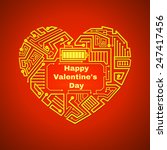 tangle of wires in the form of the heart, the motherboard of the gold wires on a red background, greeting card for Valentine's day