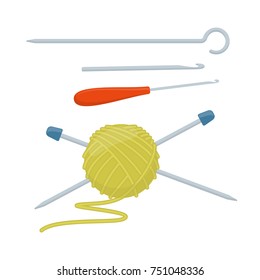 Tangle of yarn and knitting needles, cartoon illustration of accessories for handicrafts. Vector