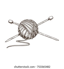 Tangle of yarn and knitting needles, sketch illustration of accessories for handicrafts. Vector
