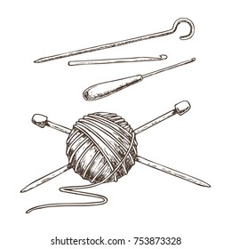Tangle of yarn and knitting needles, sketch illustration of accessories for handicrafts. Vector