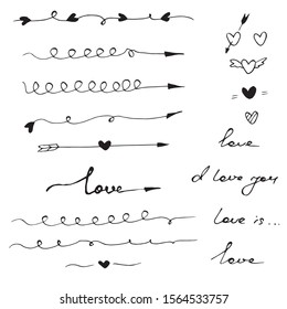 Tangled abstract scribble , arrows and hearts with hand drawn line. Doodle elements. Isolated sketch on white background. Vector illustration