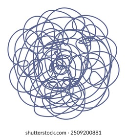 Tangled ball of doodles. Sketch. Careless skein of scribbles. Vector illustration. Hand drawn curls folded into a ball shape. Chaotic lines in blue pen. Outline on an isolated background. 