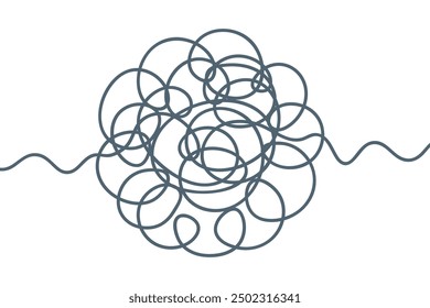 Tangled ball of green doodles. Sketch. Curly ball of thread with wavy ends on the sides. Vector illustration. Hand drawn circle with a beginning and an end. Careless curls drawn in pen. 