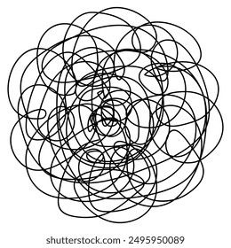 Tangled ball of scribbles. Sketch. Careless tangle of scribbles. Vector illustration. Hand drawn curls folded into a ball shape. Chaotic lines with black pen. Outline on isolated background. 