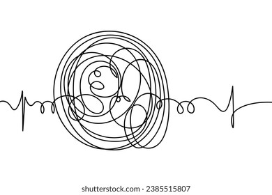 A tangled ball of scribbles. Sketch. Hand drawn abstract ball. Oscillating and curling threads along the edges of a rounded shape. Vector illustration. Doodle style. A careless sphere with curls. 