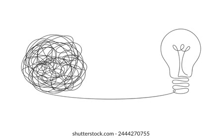 A tangled ball of threads untangling into a lamp. Vector illustration in line art style