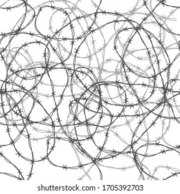 A lot of tangled barbed wire, gray silhouette seamless pattern on white