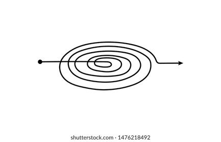 Tangled black scribble arrow with round freehand spiral shape, simple abstract doodle directional path for problem solution process concept - isolated vector illustration