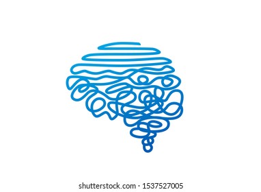 Tangled blue wire in human brain shape vector illustration. Cerebrum silhouette on white background. Human nervous system organ. Abstract psychiatry, psychoanalysis backdrop with text space