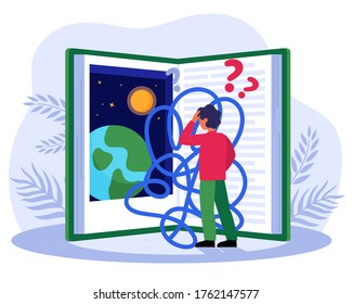 Niño enredado leyendo libro científico. Estudiante masculino parado en un enorme libro sobre la ilustración espacial de vector plana. Concepto de problema educativo para banner, diseño de sitio web o página web de aterrizaje