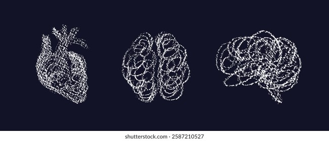 Tangled brain, human heart. Vector grungy scribble sketch. Symbol of genius idea. Bad mental health. Disease prevention with x-ray, mri. Problems, stress, sad doodle sign. Hand drawn abstract isolate