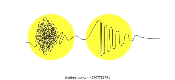 Esboço cerebral emaranhado. Rabisco de linha contínua. Ilustração vetorial abstrata problemas complexos da mente. Estresse mental, desafios de saúde mental e caminhos para a solução de problemas. Traçado editável