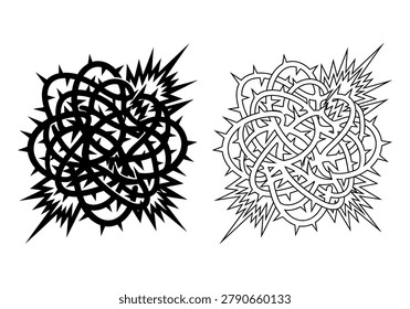 Tangled briar vines with sharp thorns, prickly plant silhouette, briars knot illustration, dense bramble bush vector.
