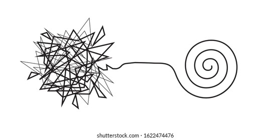 Tangled broken line and untangled neat spiral line, complex and simple knot, constructing and solving complex problem, brainstorming, doodle infographic for business, isolated vector illustration